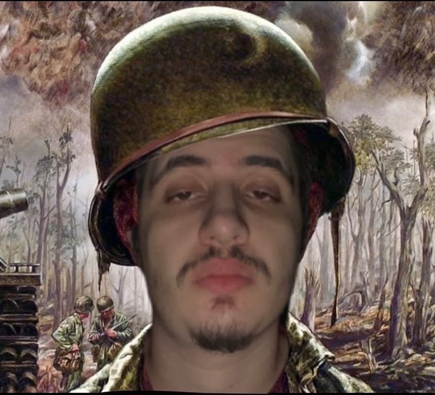 Batuhan Çağdaş wearing a steel helmet, composited into a painted battlefield.