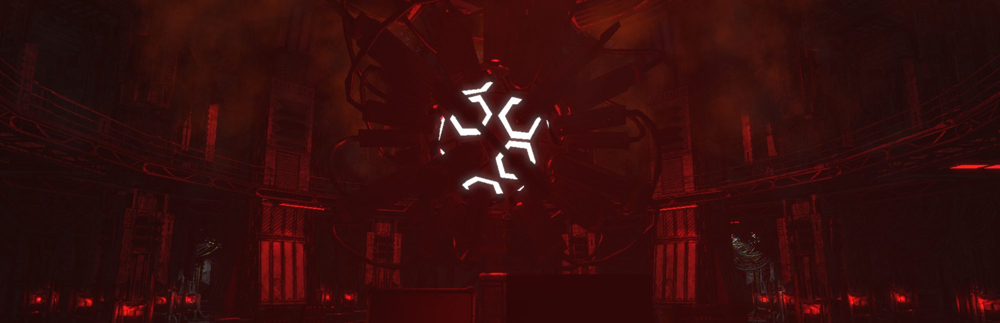 The hub's reactor core: a glowing white sigil suspended in a dark red machine hall.